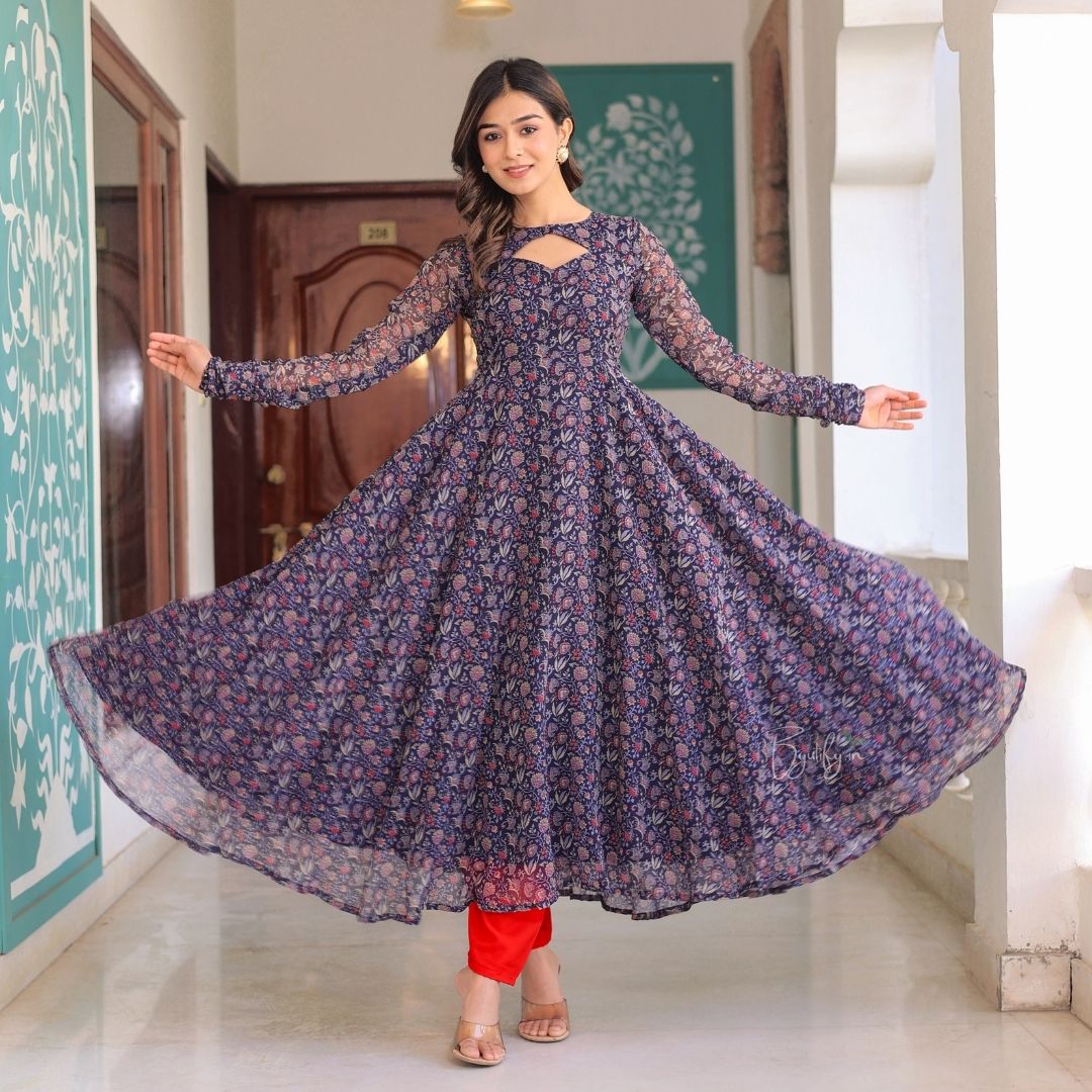 Blue Floral Printed Patch Work Flared Kurta and Leggings Set