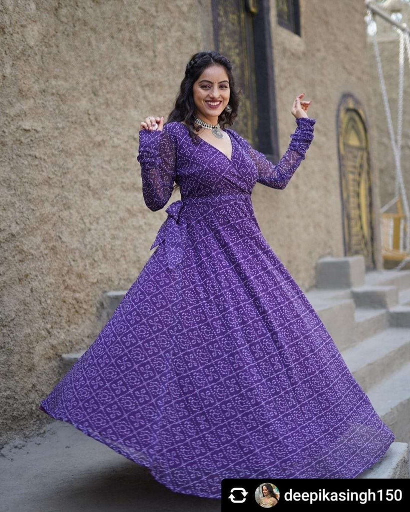 Wine Purple Bandhani Print Georgette Angharkha Gown