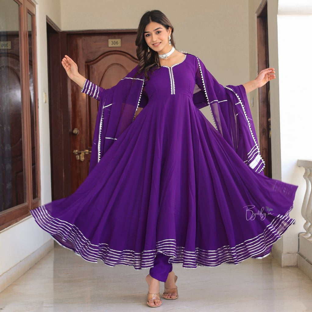 anarkali dress purple colour Lavender Anarkali Gown: Embroidered Georgette Indian Dress With Dupatta