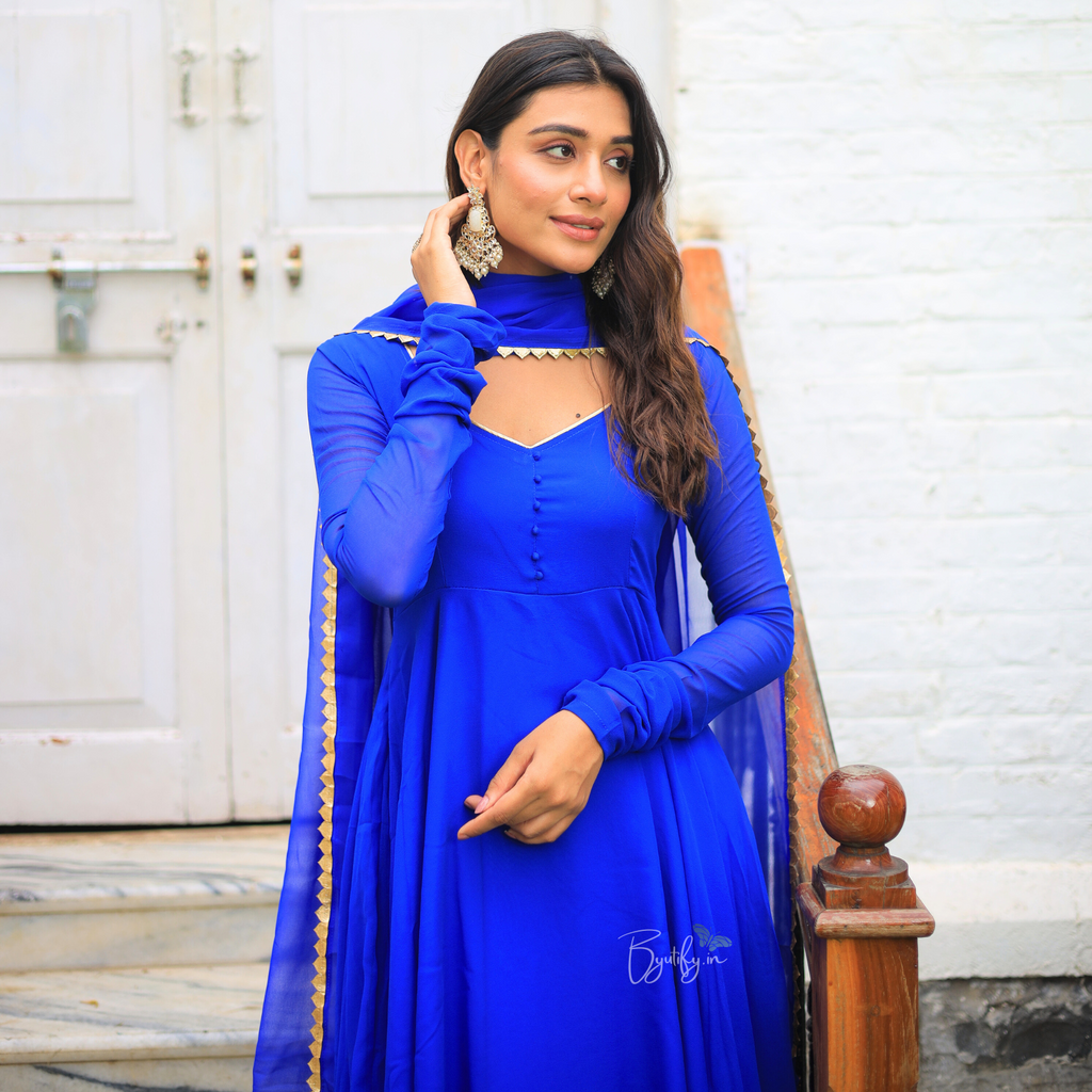 Royal Blue Gotta work Georgette Anarkali Suit Set Byutify.in
