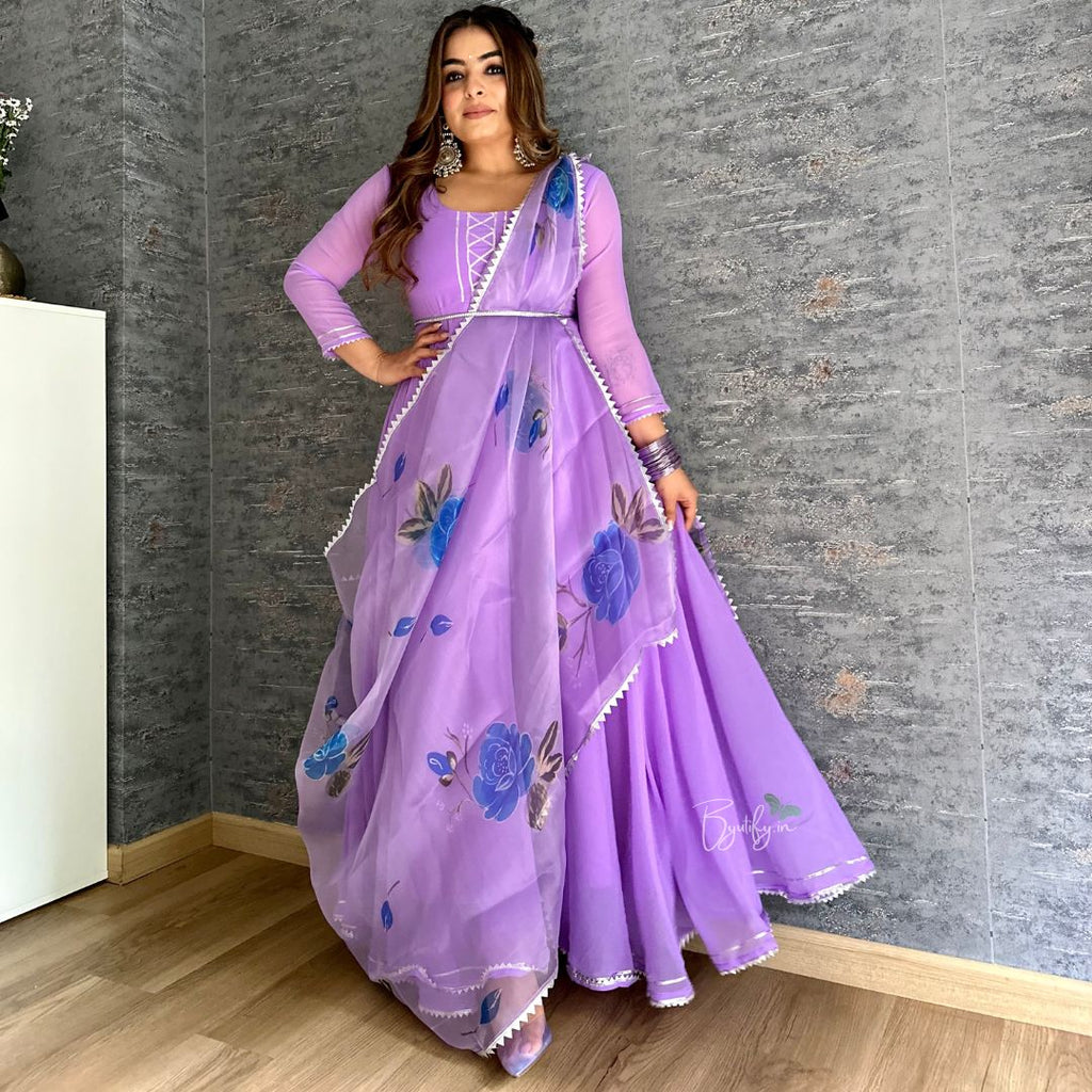 Lilac Lavender Georgette Anarkali Suit set with Organza Dupatta
