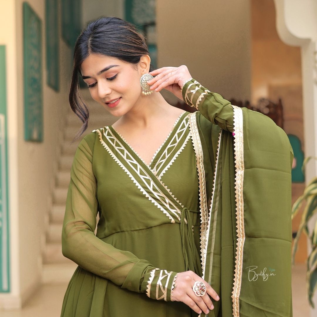 Olive Green Georgette Anarkali Suit Set  Byutify.in