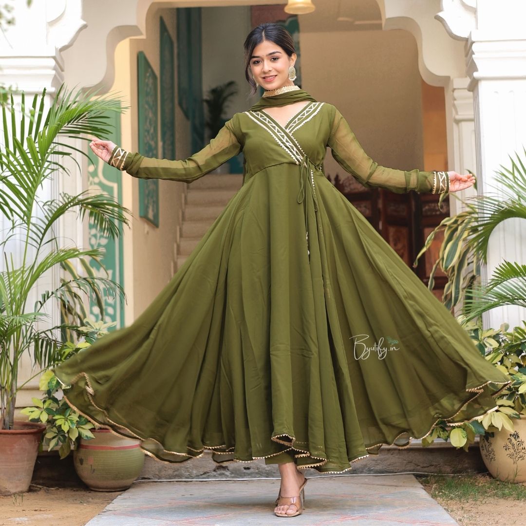 Olive Green Georgette Anarkali Suit Set - Main Image