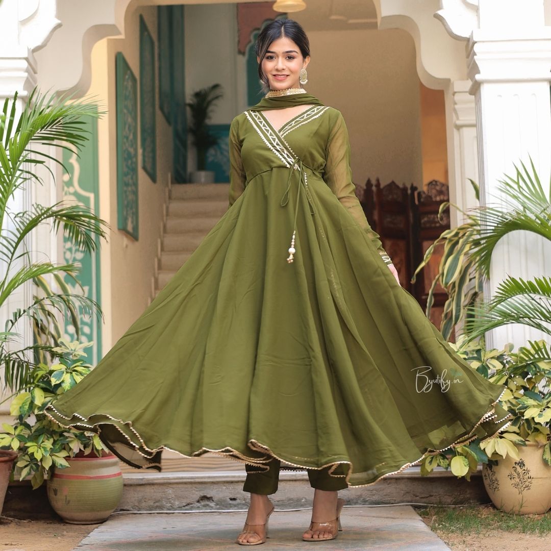 Olive Green Georgette Anarkali Suit Set Byutify.in Olive Green Georgette Anarkali Suit Set Byutify.in