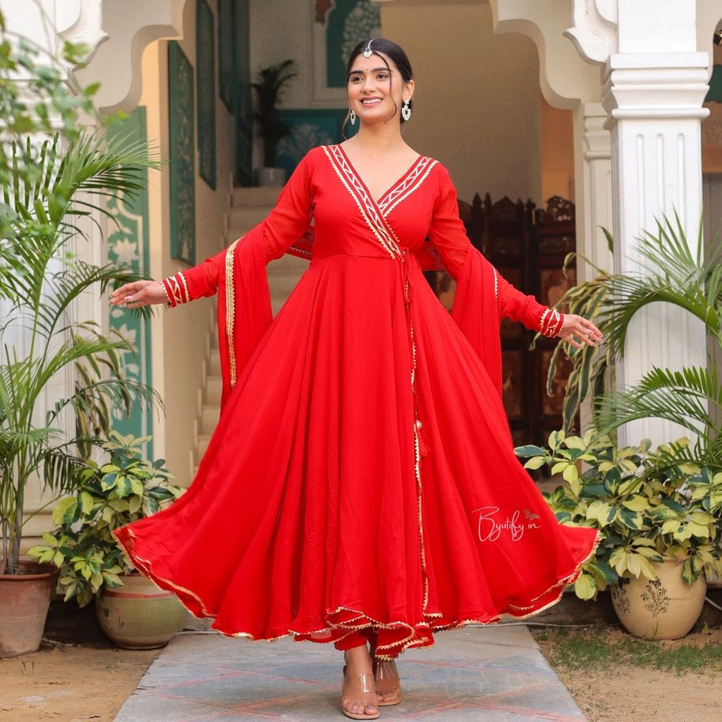 Festive Red Geogette Anarkali Suit Set With Gotapatti Lace Border Festive Red Geogette Anarkali Suit Set With Gotapatti Lace Border