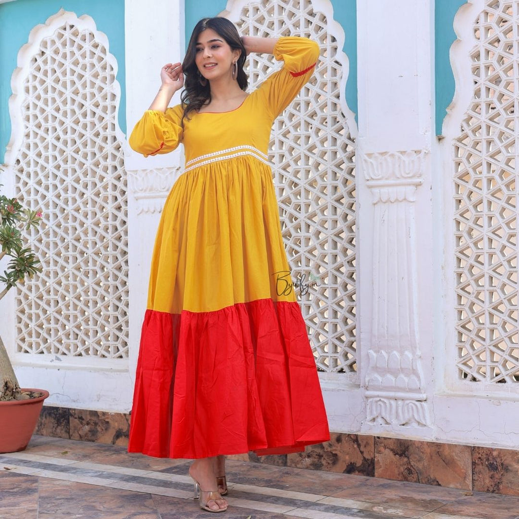 Mustard Yellow With Bright Red Cotton Maxi Dress –