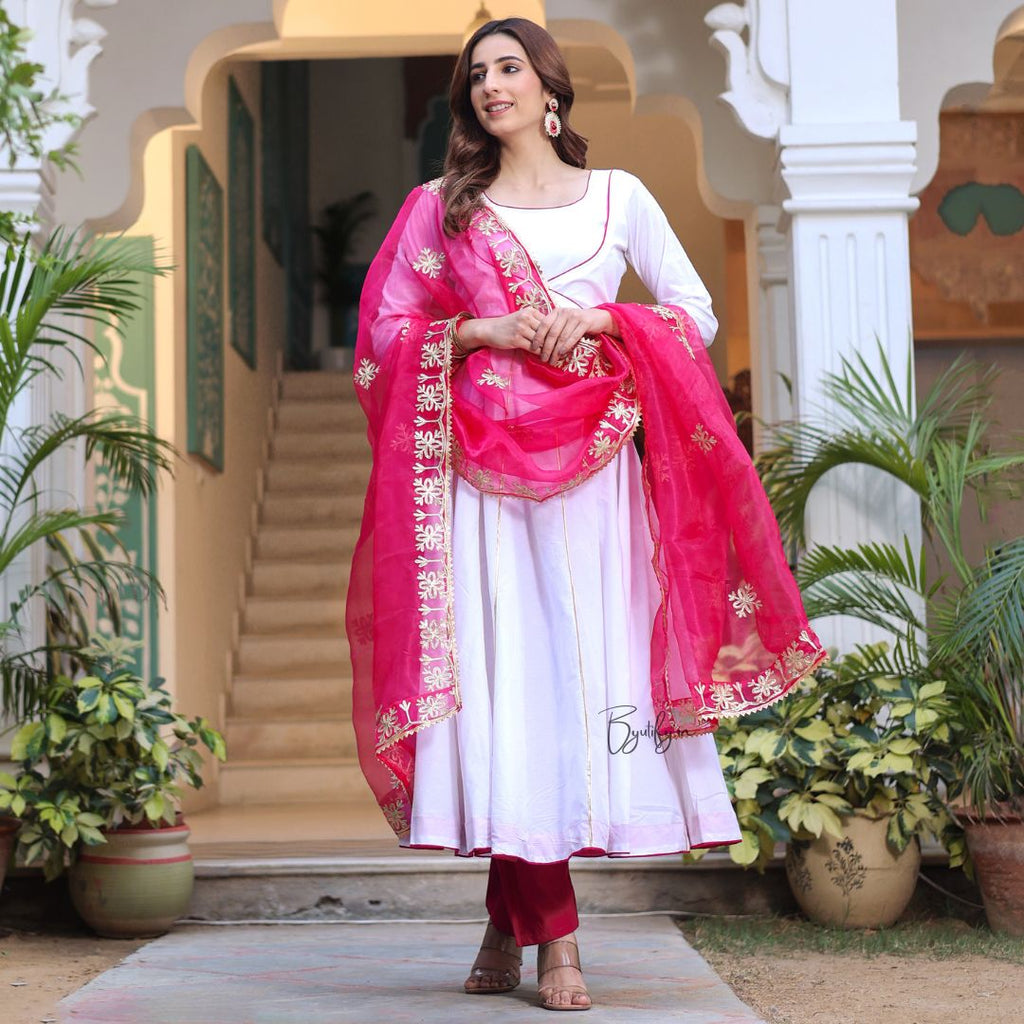 white dress with pink dupatta strapless open back dress Off-White Color Jacquard Gown With Pink Dupatta TANHAI