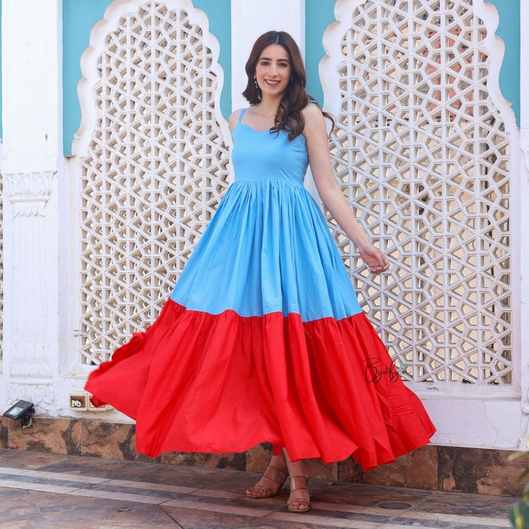 Hot Sky Blue With Red Cotton Dress – Byutify.in