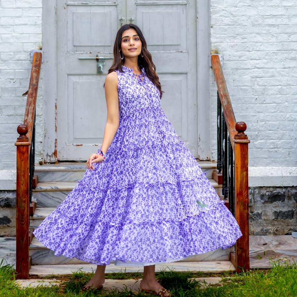 Lilac Purple Floral Georgette Maxi Dress - Main Image