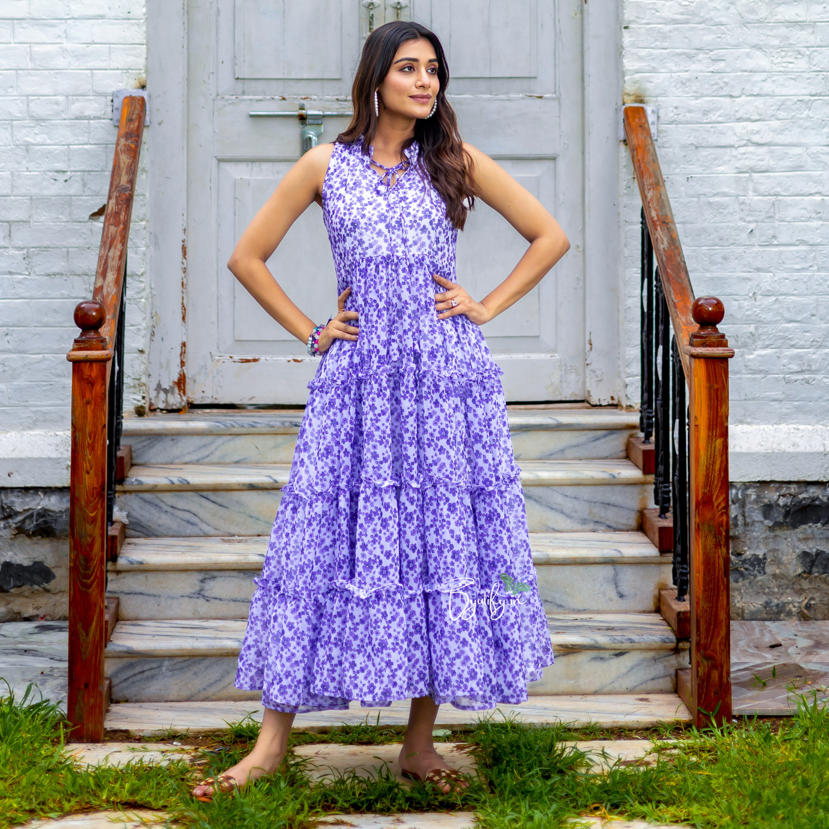 Lilac Purple Floral Georgette Maxi Dress – Byutify.in