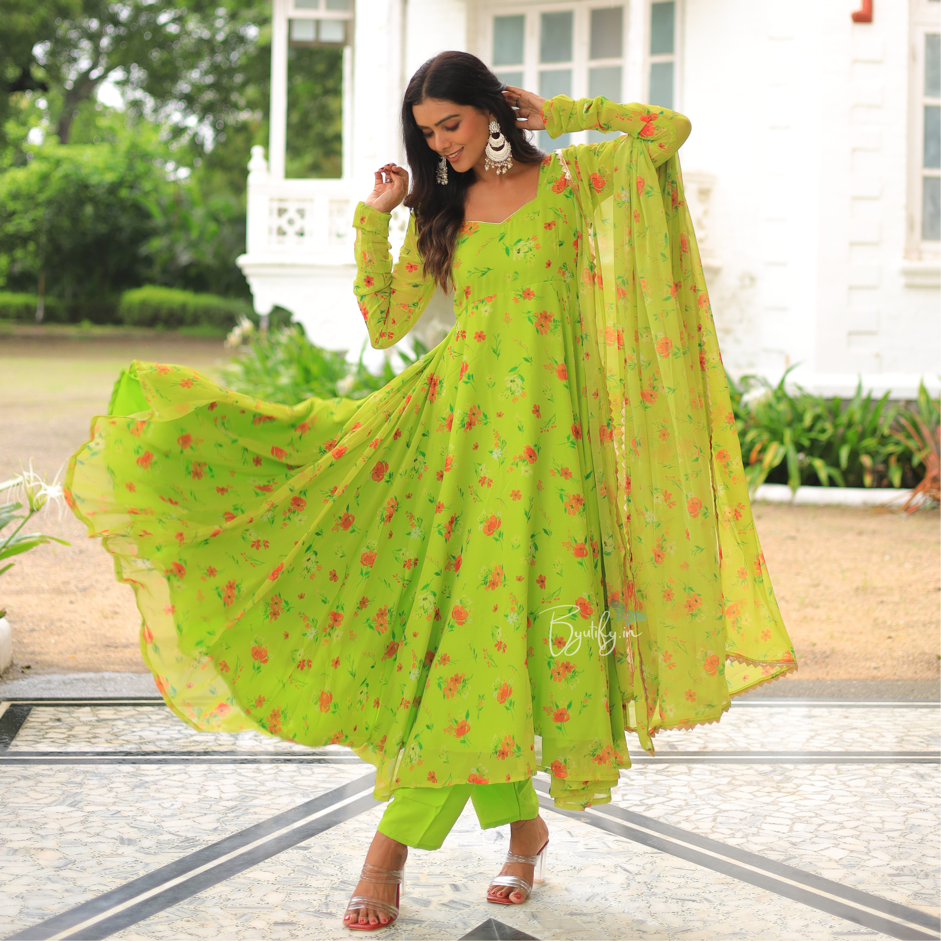 Anarkali Lime Green Color Dress Parrot Green Mirror Anarkali Set M