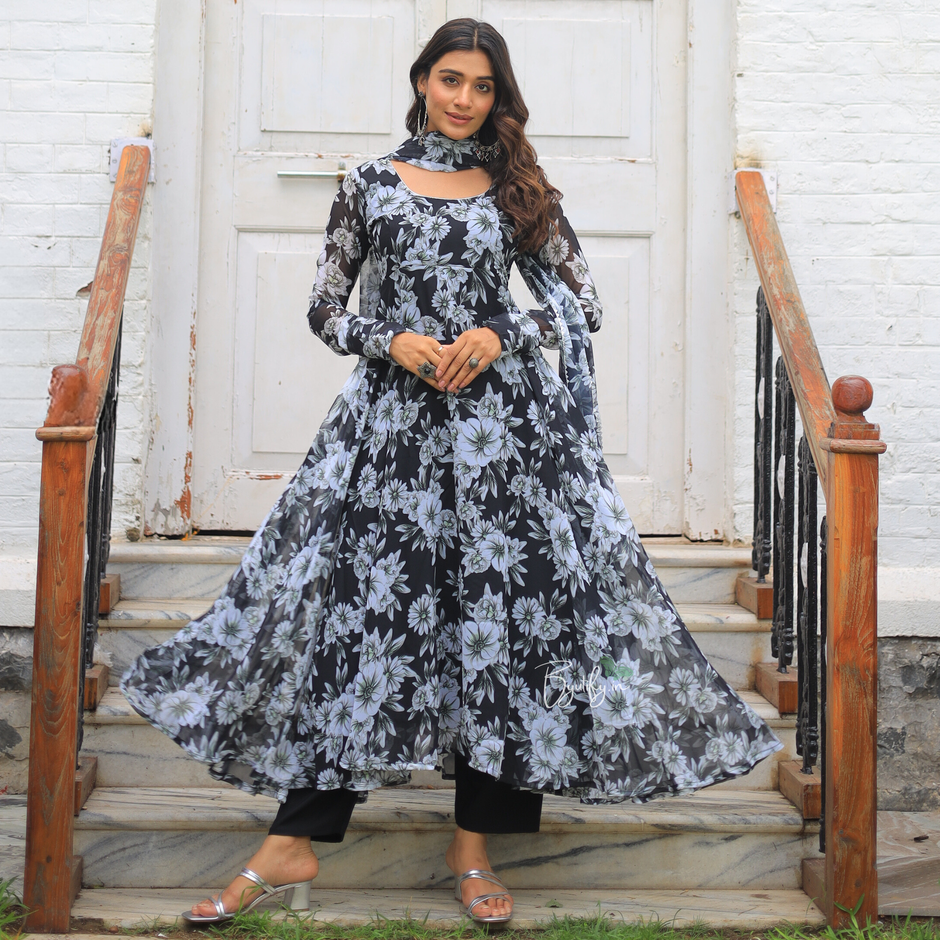 Printed Long Frock Suit Design Black Color Multi Floral Print