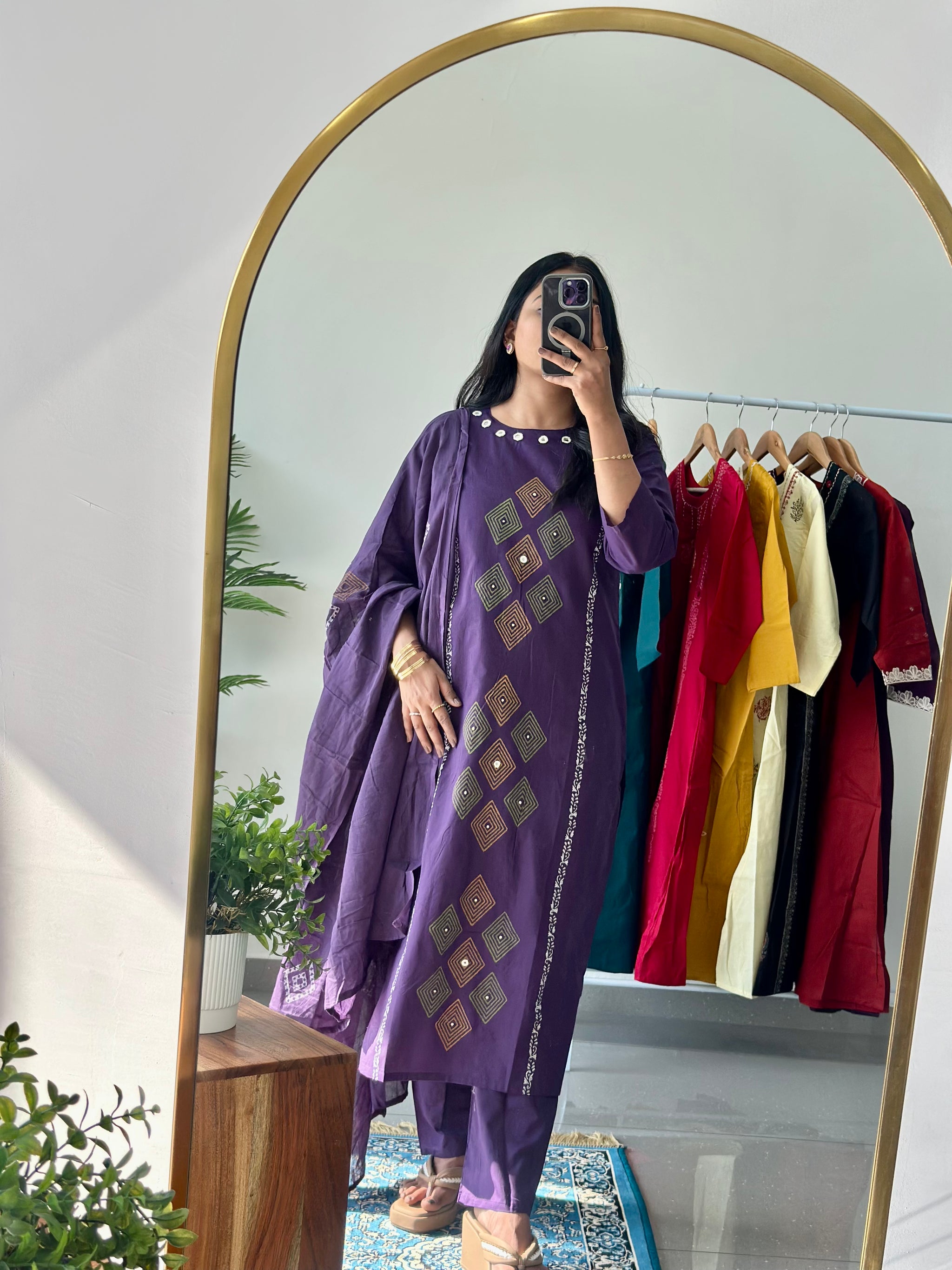 Purple Mirror Work Pure Cotton Kurta Set With Dupatta  Byutify.in