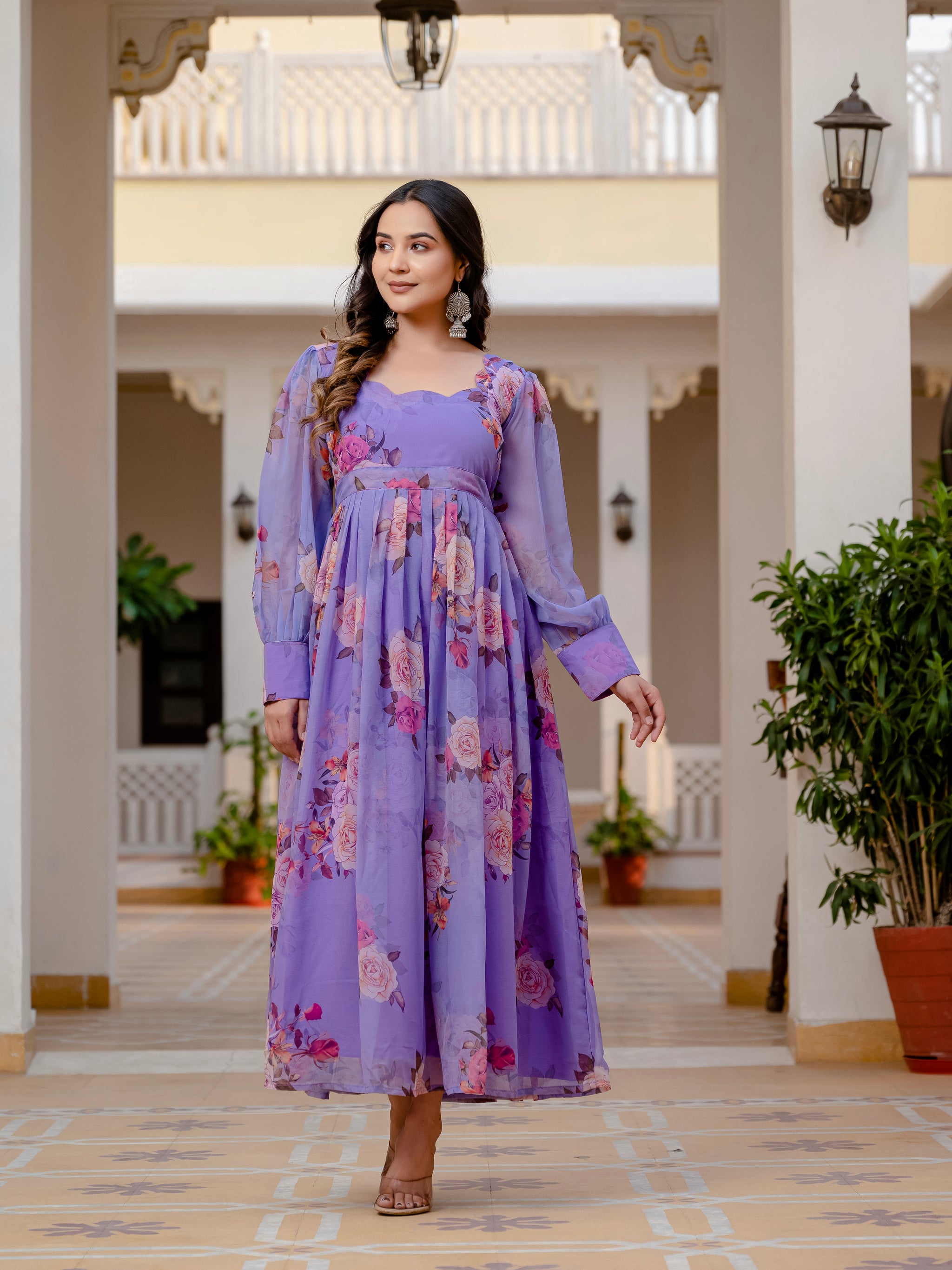 Georgette Maxi Purple Floral Print Maxi Dress MAA13 Present Trendy