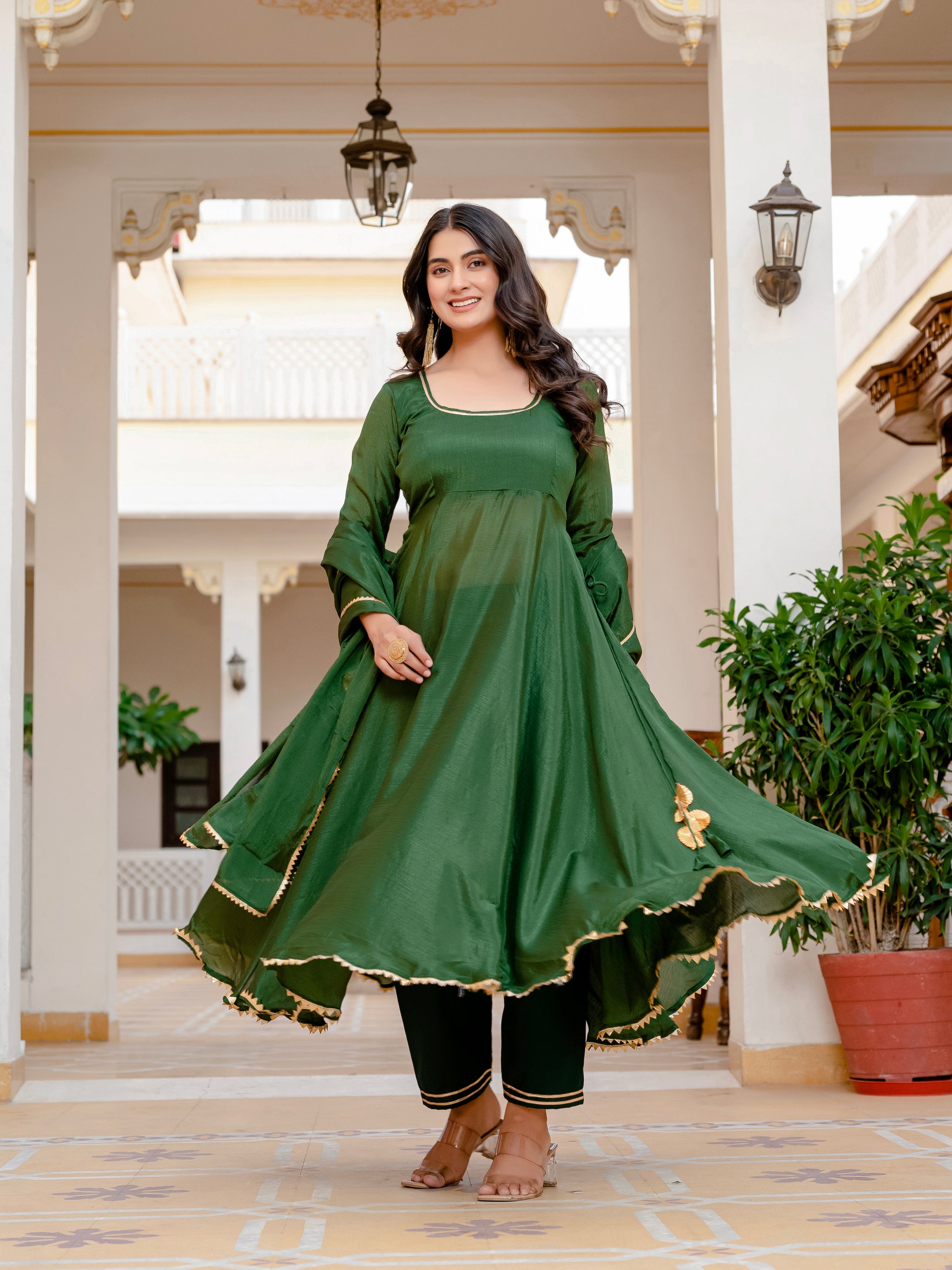 Forest Green Chinon Silk Suit Set with Heavy GotaPatti Dupatta Forest Green Chinon Silk Suit Set with Heavy GotaPatti Dupatta