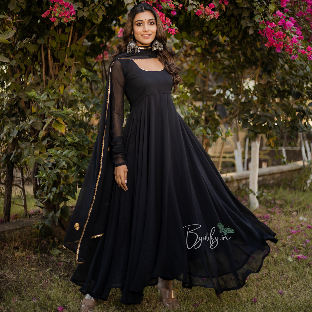 Plain Black Anarkali Flaired Suit with Floral Embroidery and Mirrors |  Exotic India Art