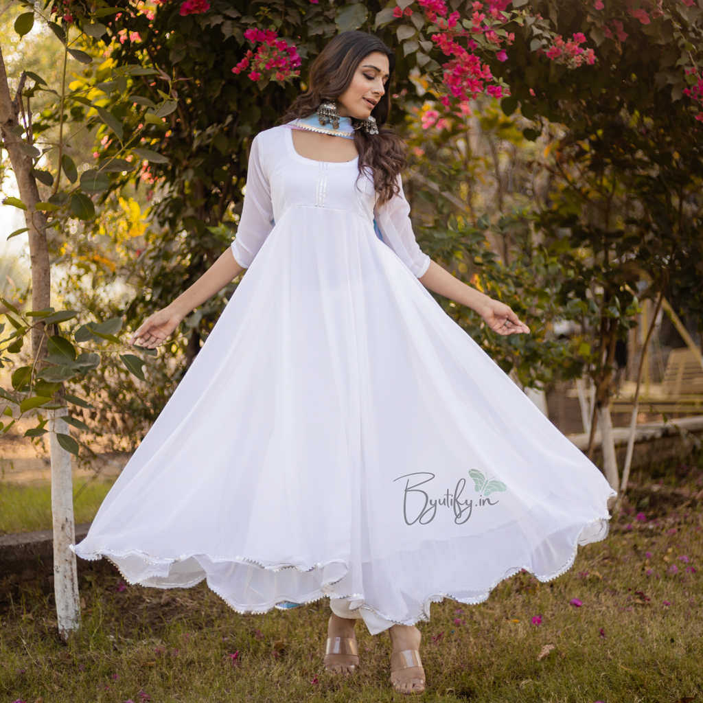 White Floral Print Anarkali dress with dupatta and pant Long Flared Anarkali