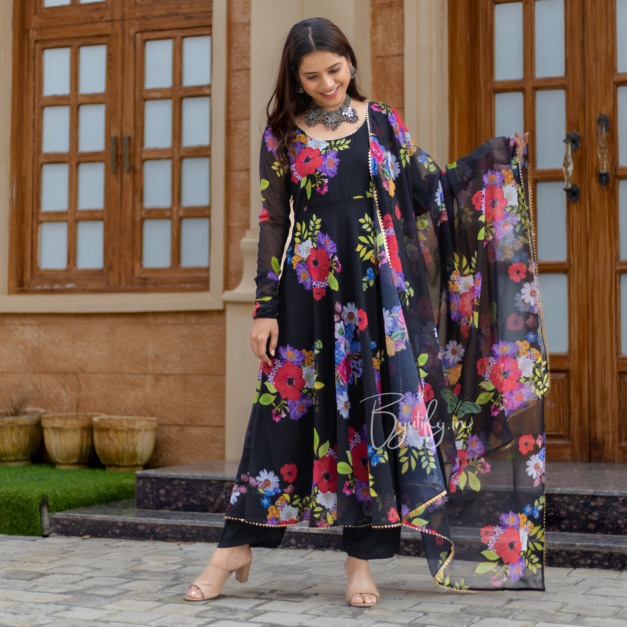 Flower Print Georgette Gota Patti Suit Set With Dupa – Byutify.in