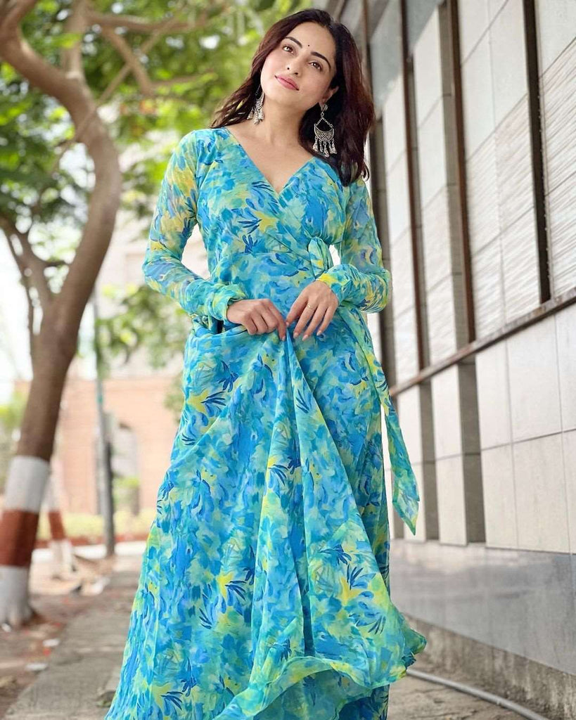 Turquoice colour georgette angharkha gown
