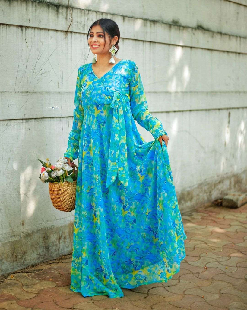 Turquoice colour georgette angharkha gown
