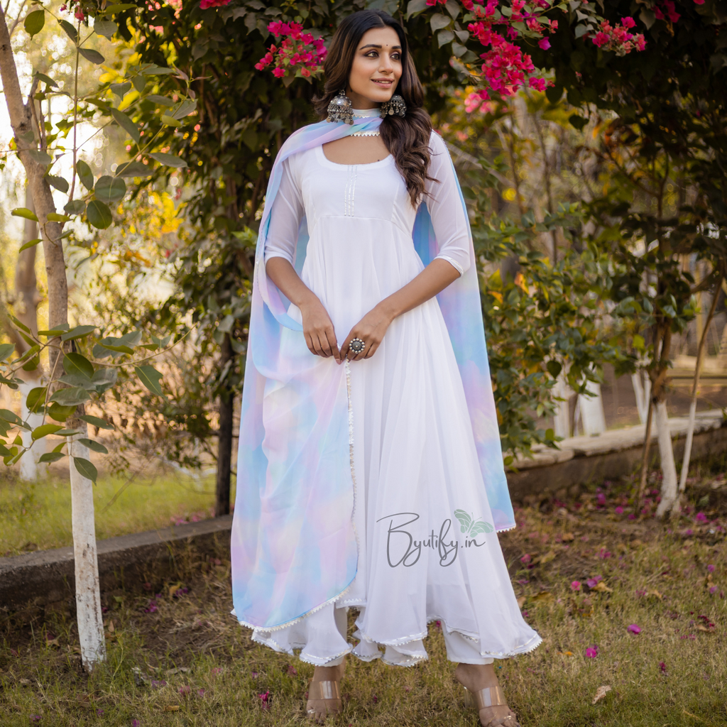 Pure White Anarkali With Pastel Shade Dupatta - Main Image