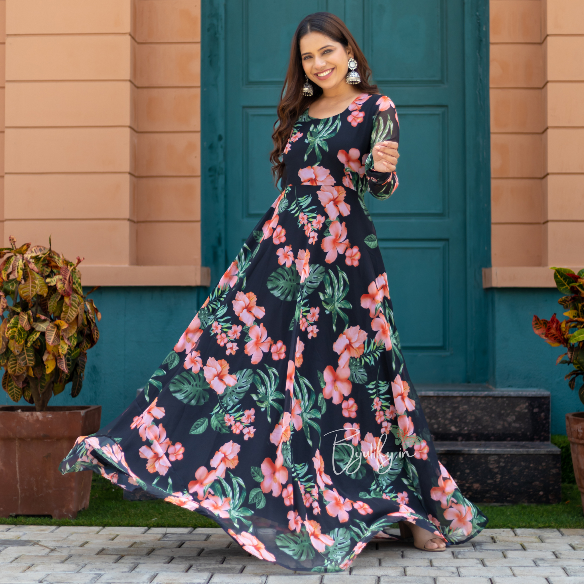 green emerald velvet dress Black Floral Georgette Long Gown – Byutify.in