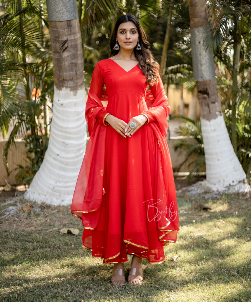 Georgette Bhandej Naaz Red Anarkali Set with Dupatta – Gulabo Jaipur