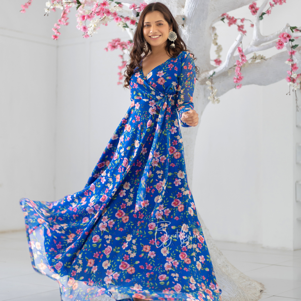 Royal Blue Colour Flower Print Georgette Angharkha Gown