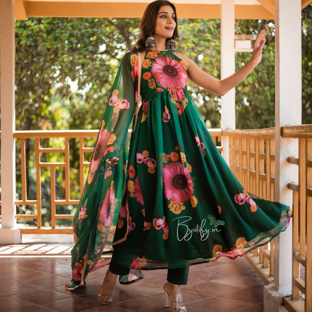 Green Floral Print Georgette Anarkali Kurta Set