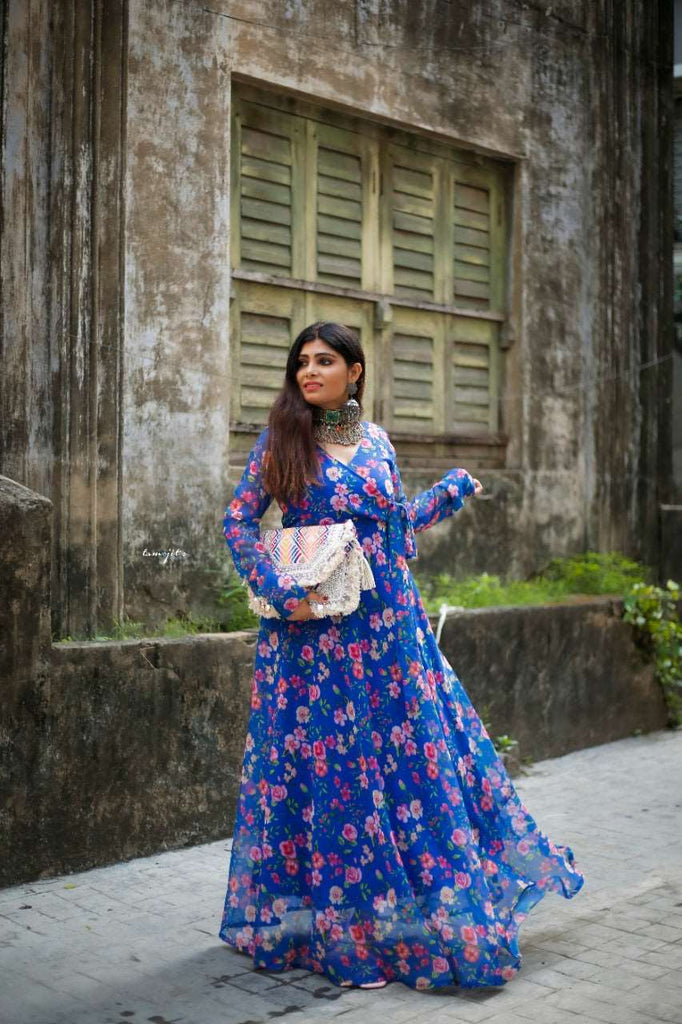 Royal Blue Colour Flower Print Georgette  Angharkha Gown